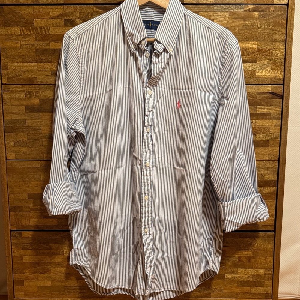 Ralph Lauren Navy and White Striped Button-Down Shirt